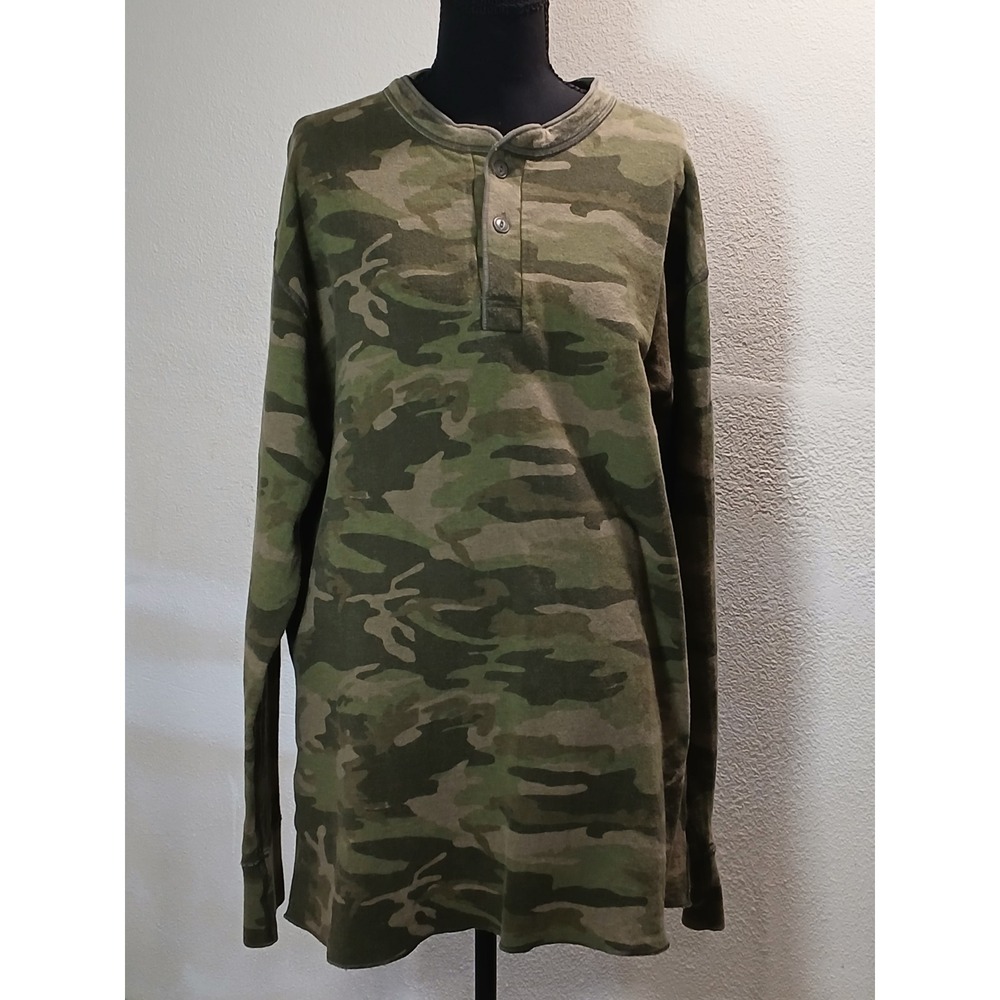 Mens L.L. Bean Green Camouflage Long Sleeve Waffle Knit Henley Thermal Shirt